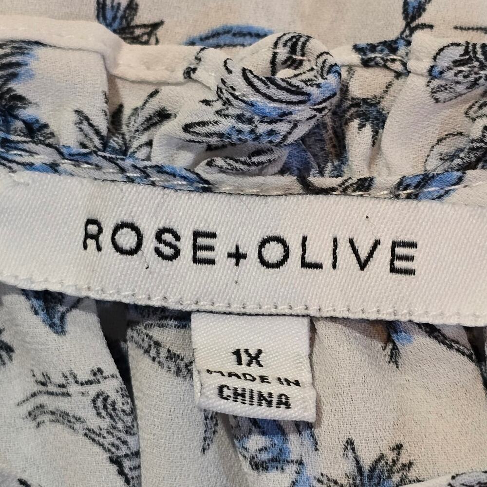 Rose + Olive Coastal Blue White Tropical Toile Flutter Sleeve Tassel Neck Blouse - Picture 6 of 11